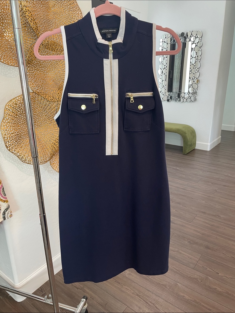 Boston Proper Navy Sleeveless Zip-Pocket Shift with White Trim